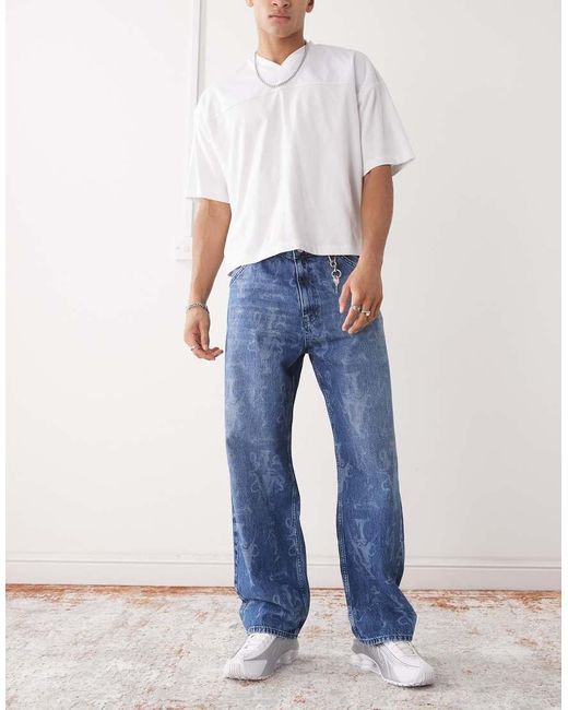 Vertere Berlin Blue Geo Pattern baggy Fit Jeans for men