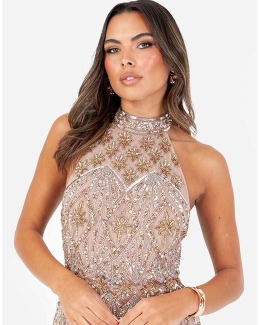 Maya Pink Embellished Halter Neck Open Back Maxi Dress