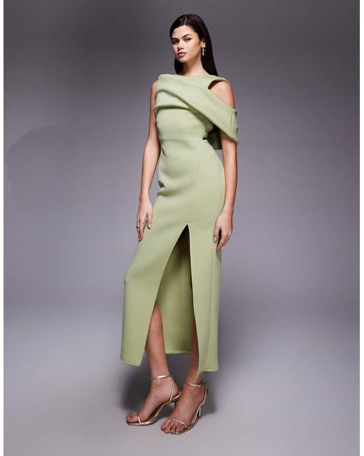 ASOS Green Drape Cut Out Shoulder Pencil Dress