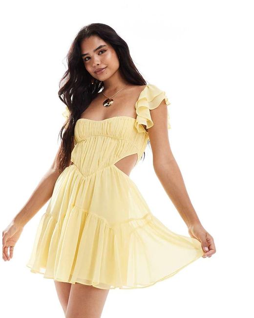 ASOS Yellow Flutter Sleeve Corset Cut Out Mini Skater Dress