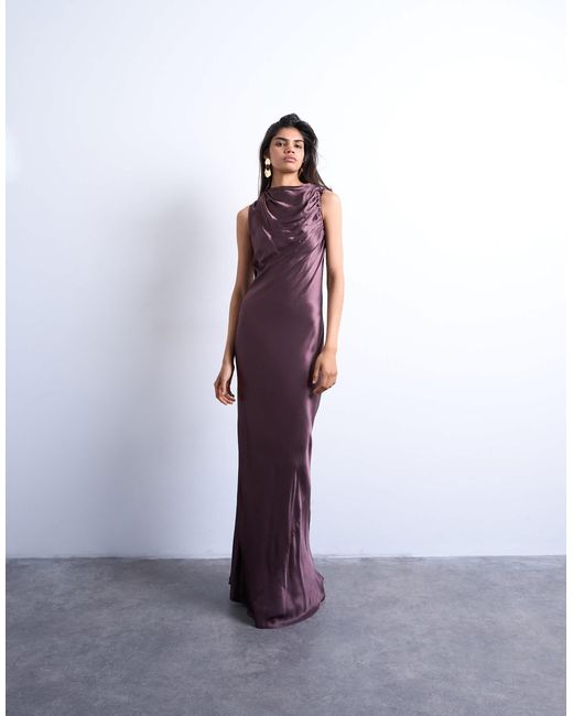 topshop satin ruched dress TOPSHOP Ruched Side Midi Dress With Drape Back Detail in Purple
