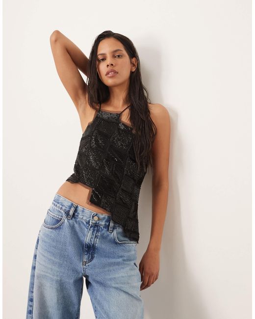 ARRANGE Blue Embellished Asymmetric Top With Raw Edge