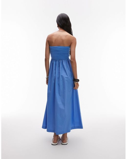 TOPSHOP Blue – trägerloses maxikleid aus popeline-materialmix