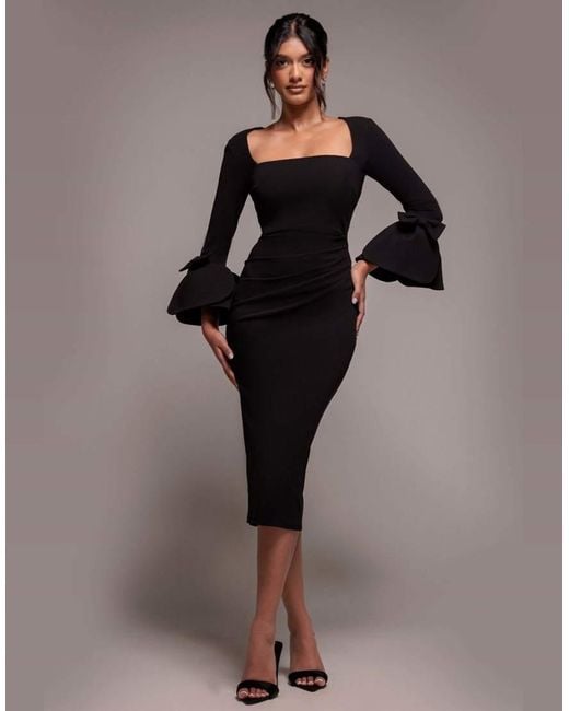 Goddiva Brown Petal Bow Sleeve Frill Midi Dress