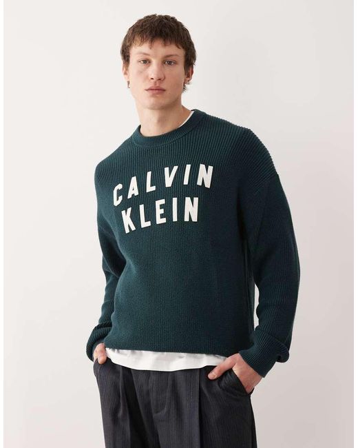 Calvin Klein Ruimvallende Gebreide Trui Van Katoen in het Blue voor heren