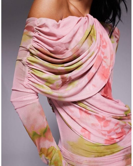 ASOS Pink Long Sleeve Slouchy Bardot Mesh Mix Maxi Dress