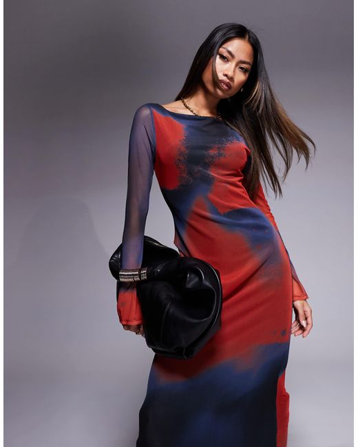 ASOS Multicolor – langärmliges, mehrfarbiges netzstoff-maxikleid mit hohem u-boot-ausschnitt und verschwommenem print