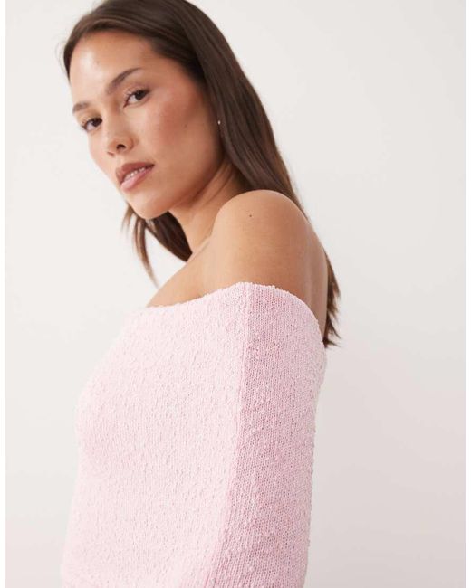 Wanderdoll Pink Yasmin Off The Shoulder Bouclé Knit Dramatic Foldover Flared Sleeves Top