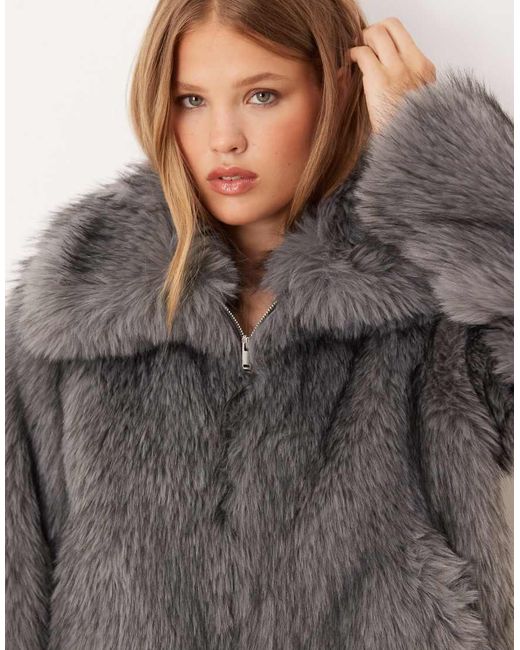 Threadbare Gray Short Fur Jacket With Collar