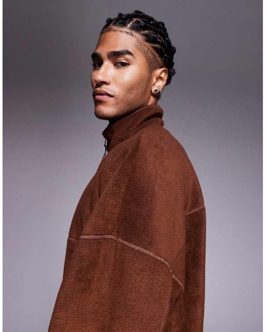 ASOS Brown Extreme Oversized Quarter Zip Funnel Neck Fleece Sweatshirt for men