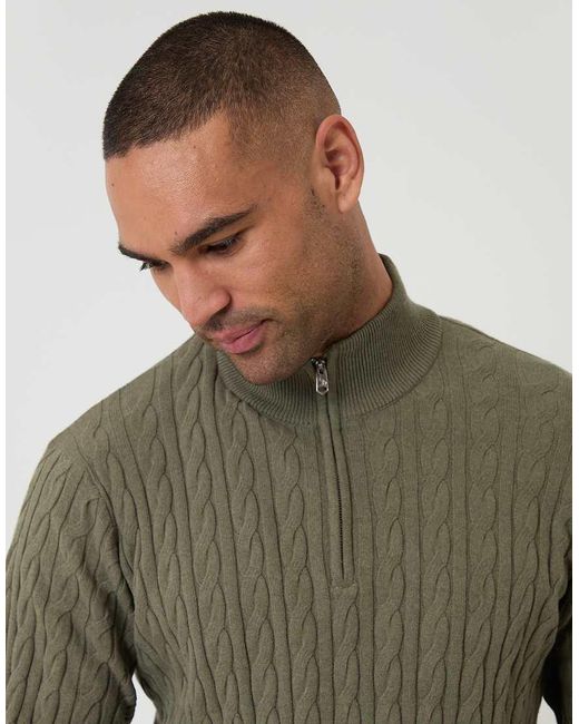 Threadbare Green Cable Knit Quarter Zip Jumper for men