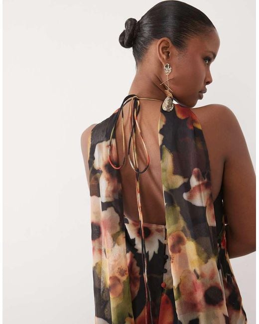ASOS Natural Bias Cut Plunge Cami Maxi Dress With Full Godets And Scarf Detail
