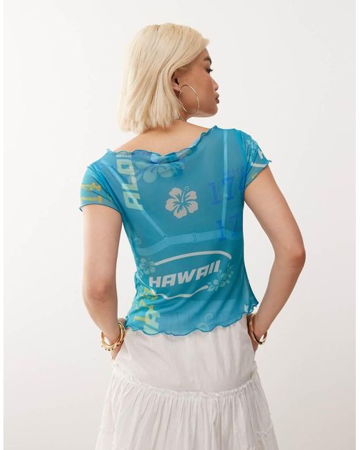 Collusion Blue Sheer Hibiscus Print Mesh Double Layer Top
