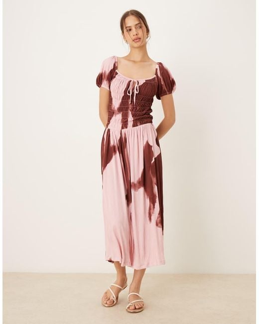 ASOS Pink Crinkle Shirred Waist Milkmaid Puff Sleeve Midi Tea Dress