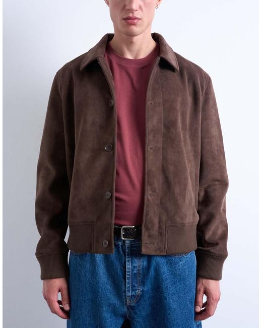 Topman Brown Faux Suede Harrington Jacket for men