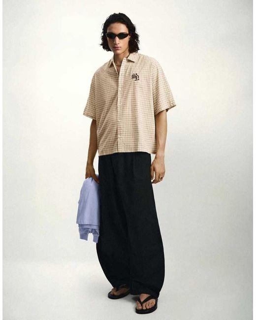 Bershka Natural Embroidered Short Sleeve Shirt for men