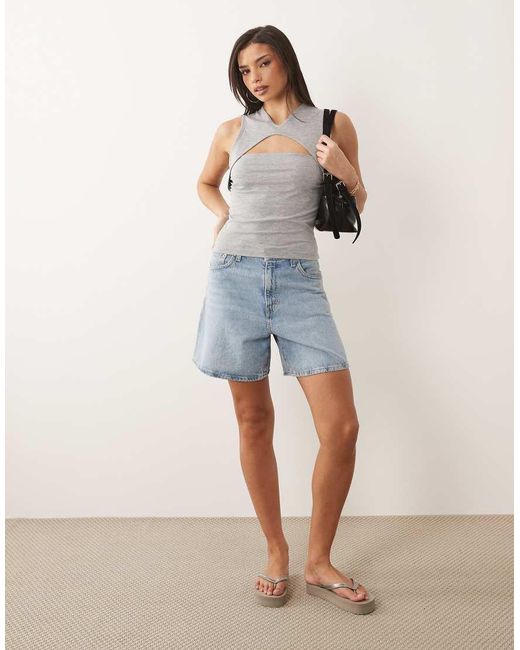 ASOS Gray Sleeveless Deep V Top With Cut Out Detail