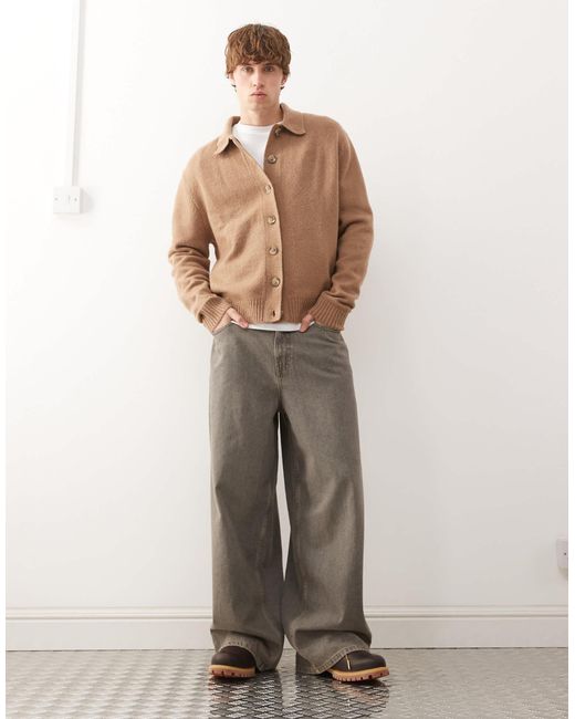 Collusion Brown Knitted Button Down Jumper for men