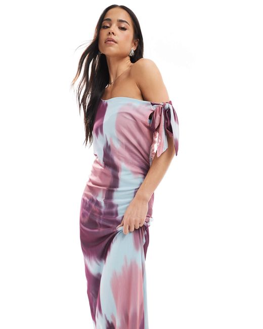 Vero Moda Purple Mesh Asymmetric Off Shoulder Maxi Dress