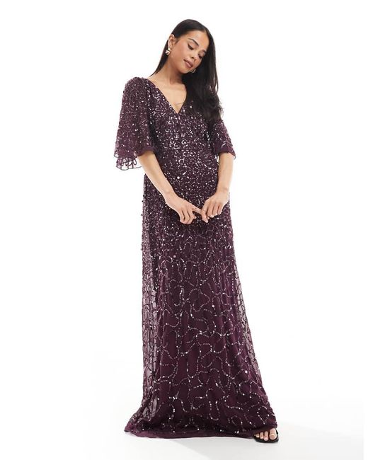 Maya Purple Embellished Angel Sleeve Maxi Dress