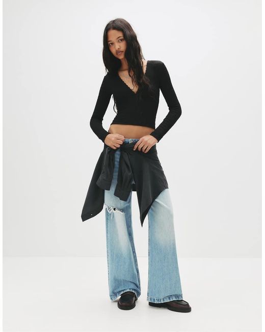 T-Shirt A Maniche Lunghe Nera di Pull&Bear in Black