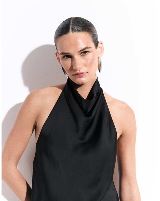 Kaiia Black Exclusive Satin High Neck Cowl Low Back Top
