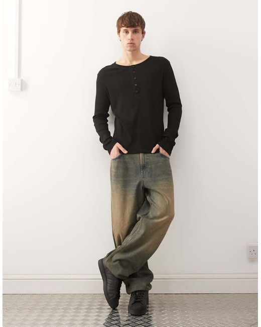 Weekday Black Henley Long Sleeve Top for men