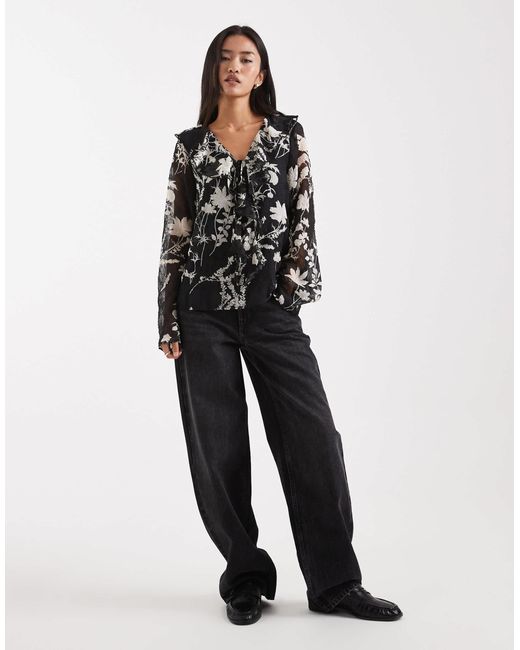 Object Black Sheer Ruffle Boho Style Blouse