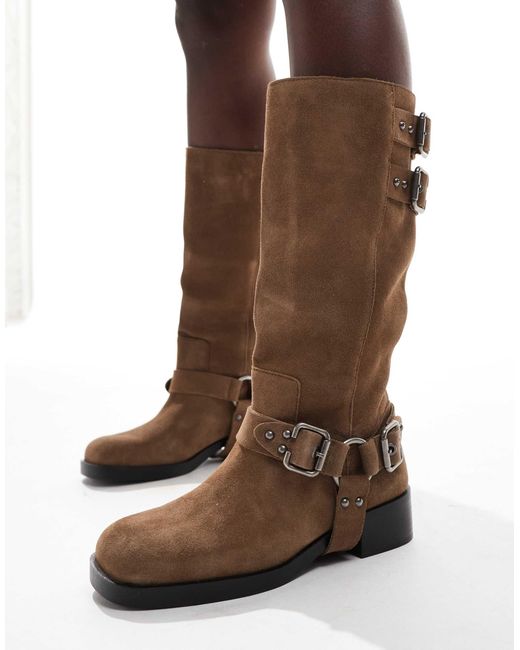 Stradivarius Brown Leather Biker Boot