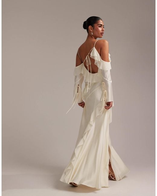ASOS Natural Satin Chiffon Mix Ruffle Cold Shoulder Maxi Dress