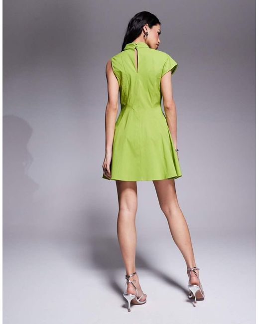 ASOS Green Bengaline High Neck Asymmetric Sleeve Seamed Mini Skater Dress