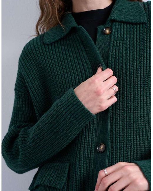 TOPSHOP Green Knitted Rib Double Pocket Jacket