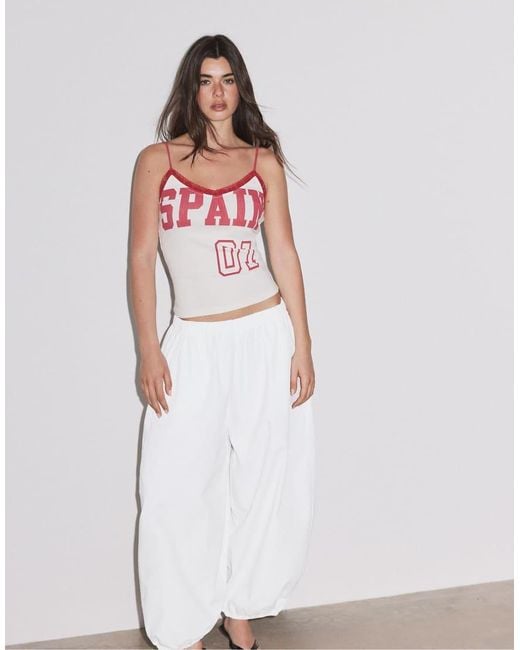 Stradivarius White Printed Lace Trim Strappy Top