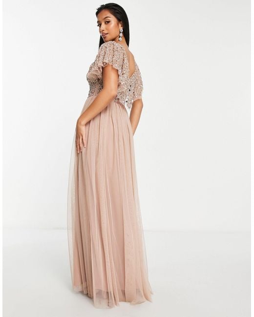 Beauut Natural Petite Bridesmaid Embellished Bodice Maxi Dress With Flutter Sleeve
