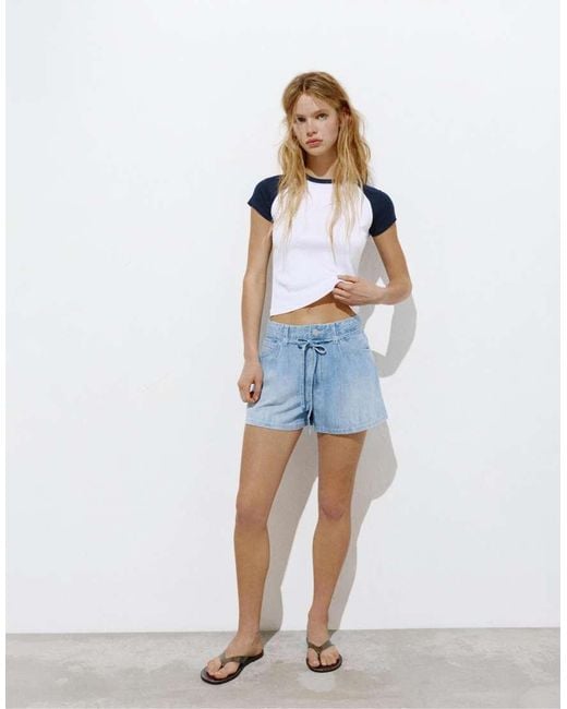 Pull&Bear White Denim Shorts With Darts And Belt
