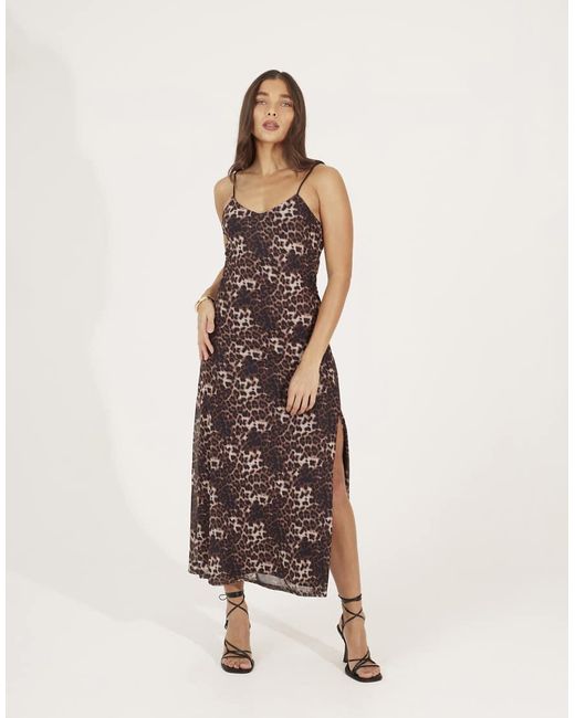 Brave Soul Natural Strappy Leopard Print Maxi Dress With Split
