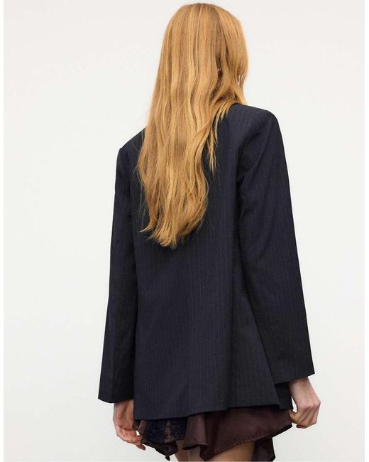 Stradivarius Blue Striped Open Blazer