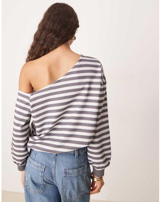 ASOS Gray Stripe Slouchy Off Shoulder Loopback Sweater