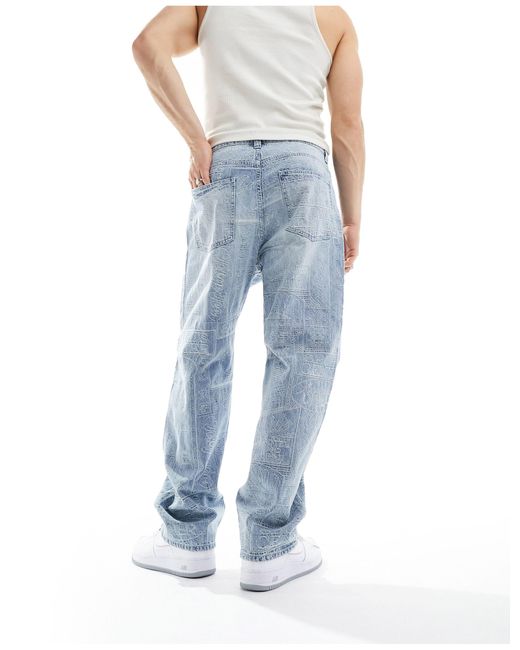 Bershka Blue Burn Out Printed Jeans for men
