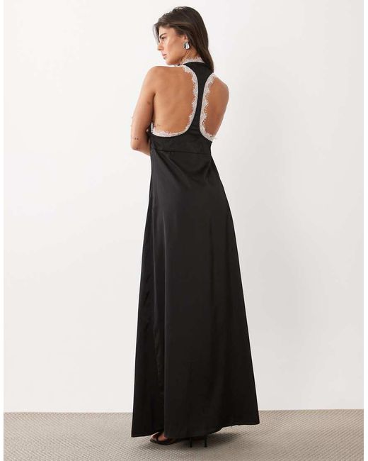 Missy Empire Black Missy Empire Satin Contrast Lace Trim Back Detail Maxi Dress