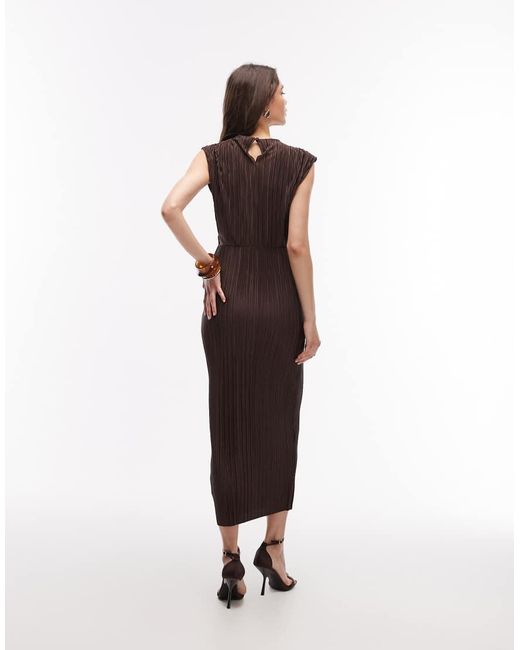 ASOS Brown Plisse Slash Neck Pencil Midi Dress With Twist Waist Detail