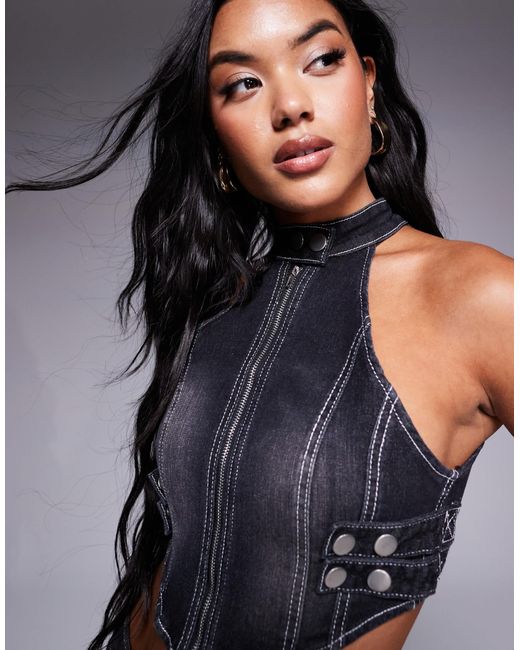 Liquor N Poker Blue High Neck Panel Stitch Top With Buckle Detail
