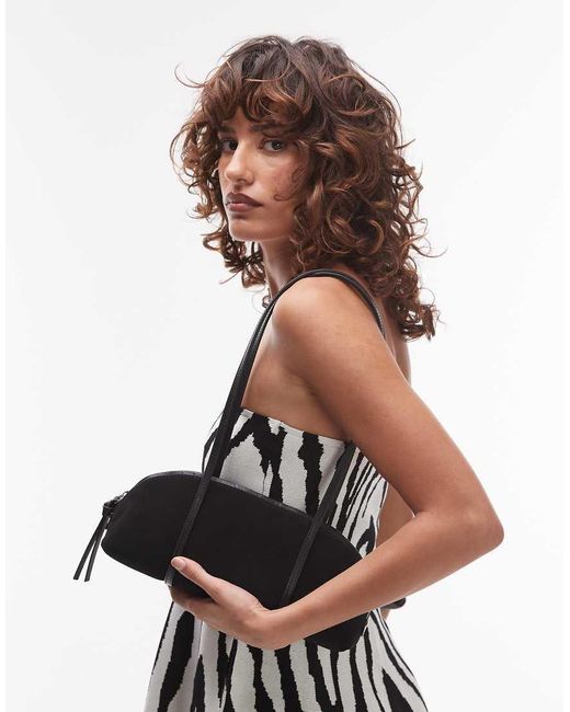 & Other Stories Black Leather Suede Two Handle Curve Shoulder Bowling Bag