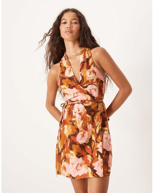 ASOS Orange Linen Look Wrap Mini Dress With Tie Detail
