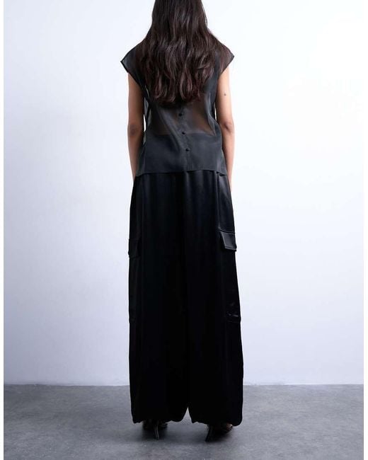 TOPSHOP Black Satin Cargo Balloon Trouser
