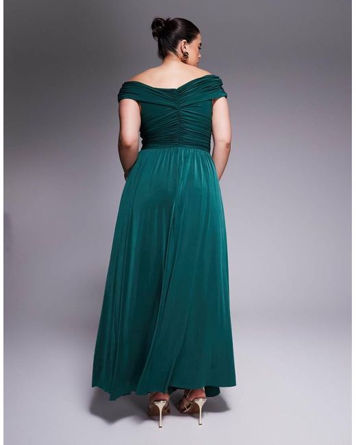Goddiva Green Curve Gathered Bardot Bodice Front Split Maxi Dress