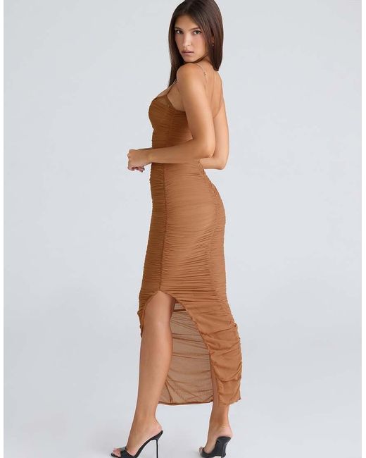 House Of Cb Brown Fornarina Tan Gathered Stretch Mesh Maxi Dress