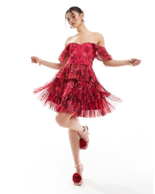 LACE & BEADS Red Off Shoulder Corset Tulle Mini Dress