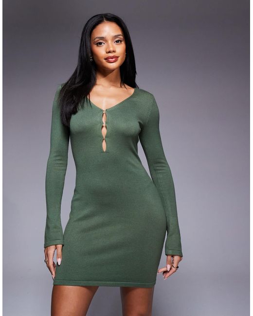 Kaiia Green Exclusive Knitted Keyhole Detail Long Sleeve Mini Dress