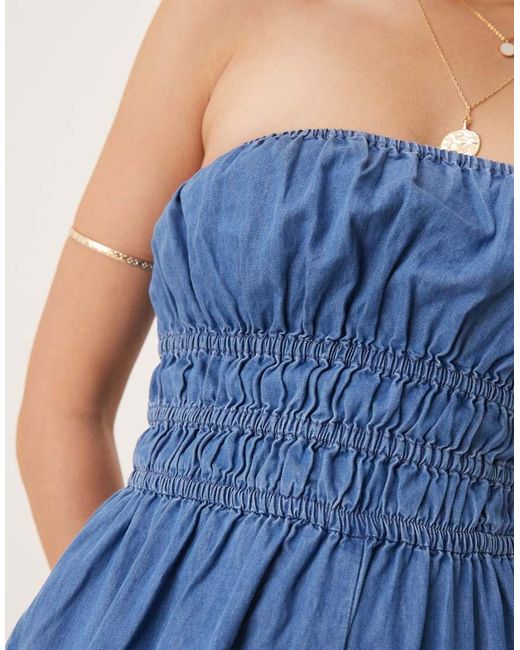 ASOS Blue Strapless Jumpsuit With Shirring Body